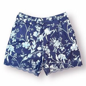 Laura Ashley Branch Toile Blue Cotton Navy Blue and White Floral Linen Shorts 8